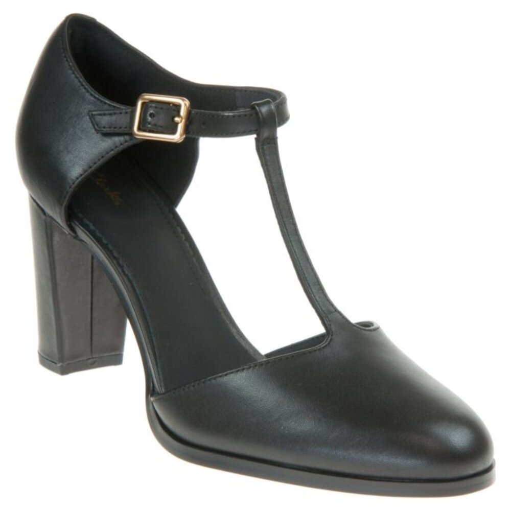 Clarks Kaylin 85 T-Strap Black Round Toe Leather Pump Size 8 ½